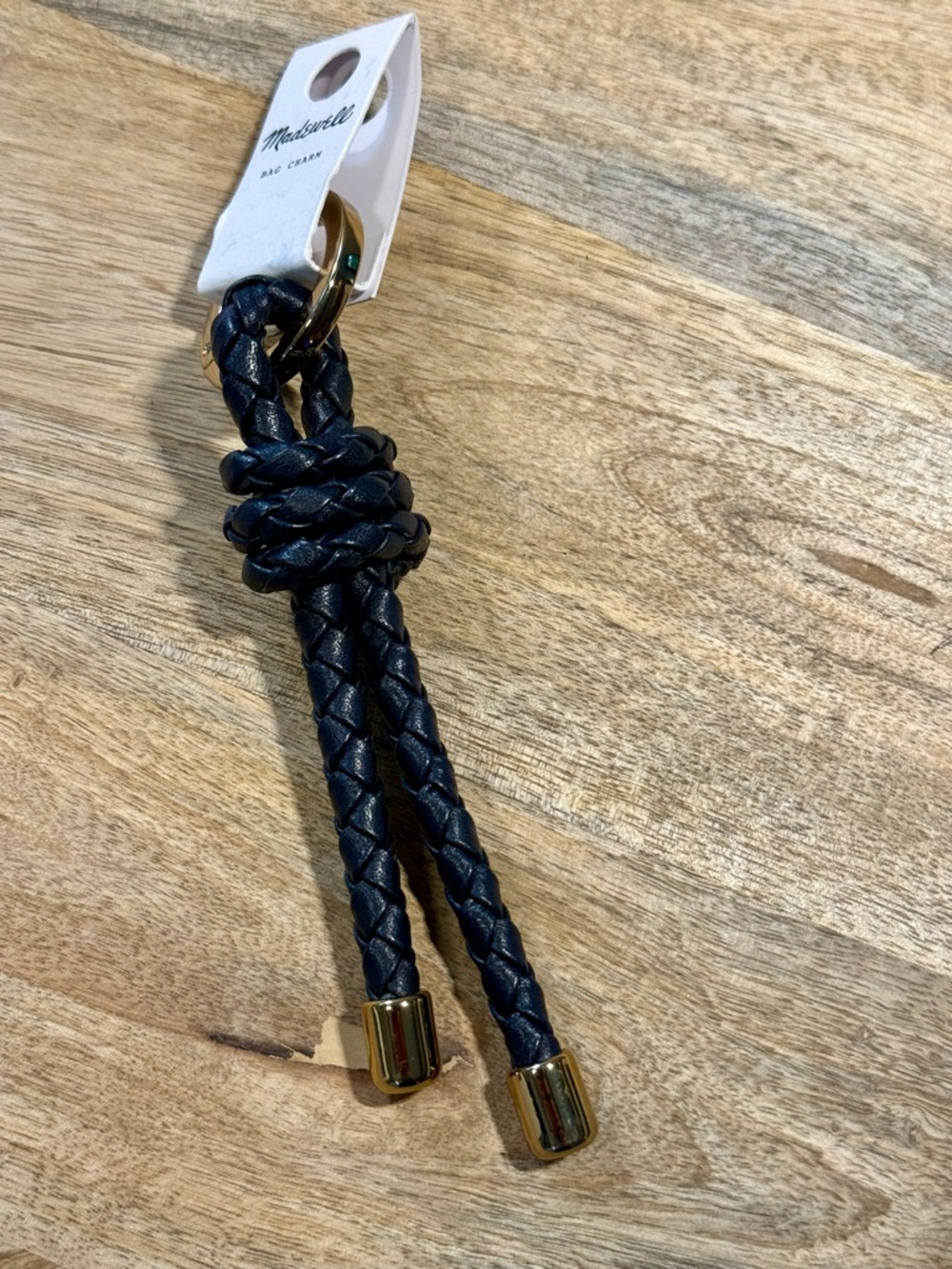Madewell Braided Black Leather Bag Charm / Men’s Keyschain with Gold Accents NWT